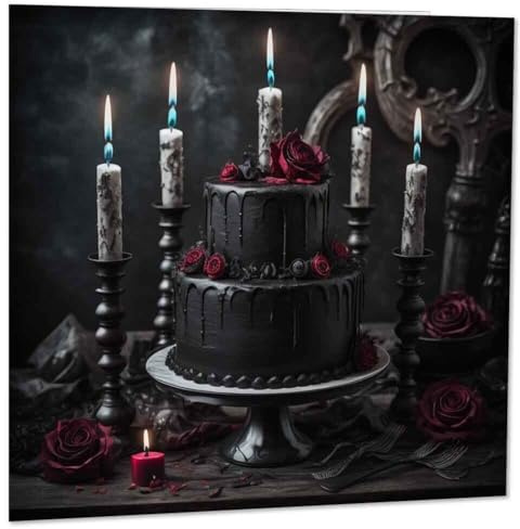 Schwarze Gothic-Hochzeitstortenkarte, Gothic-Geburtstagskarte, 145 x 145 mm