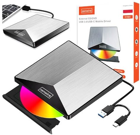 Zenwire Unità CD/DVD Esterna Portatile – Lettore e Masterizzatore con USB-C e USB 3.0 | Plug & Play, Compatibile con PC e Laptop, Design Elegante in Alluminio