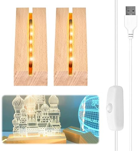 Vegena 2 Piezas Base de Exhibición de Luces LED, Base de Madera con Luz Led, Base de Madera Rectangular con USB para Placa Acrílica, Placa de Cristal (10cm de Largo, Blanco Cálido)