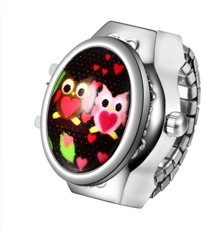 JewelryWe Ringuhr Fingeruhr Damen Elastisch: Cartoon Eule Analog Quarz Fingerringuhr Ring Uhr Uhrenring mit Edelstahl Elastisch Band #e