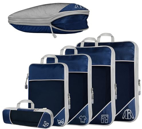 5-teilig Kompressions Packwürfel Set für Reisen, Compression Packing Cube zur Organisation Ihres Reisegepäcks, Ultraleichte, Aufbewahrungstasche, Koffer-Organizer, für Rucksack & Koffer (Marineblau)