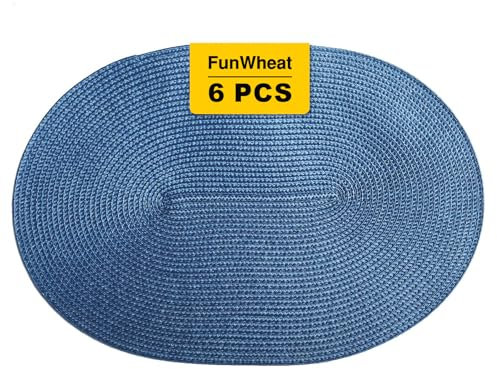 FunWheat Ovale geflochtene Platzsets, Set mit 6 Tischsets für Esstische, waschbar, hitzebeständig, Platzsets für den täglichen Gebrauch, 30,5 x 45,7 cm (ovales Blau, 6 Stück)
