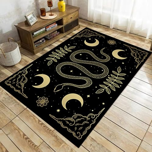 Osimiccp Schlangen-Teppich für Wohnzimmer, 1,5 x 2,1 m, rutschfest, Gothic-Teppich für Schlafzimmer, schwarz, cool bedruckt, Mondteppich, Heimdekoration