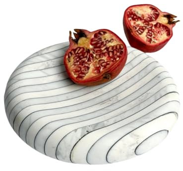 Natürlicher Marmor Tablett Rund — Weiße und Hellgraue Marmorplatte für Kuchen Desserts, Flache Dekoschale, Küchenplatte Obstschale, Schmuck Tabletts Bad Deko, Marble Plate Tray for Snacks Fruit