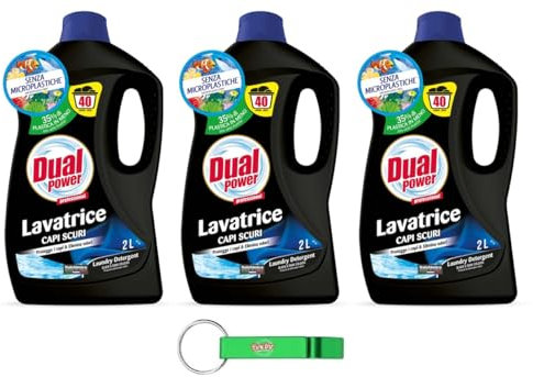 3 X Dual Power Detersivo Lavatrice Capi Scuri - Detersivo liquido per indumenti scuri - 40 lavaggi 2 litri + Beni Culinari Portachiavi gratuito
