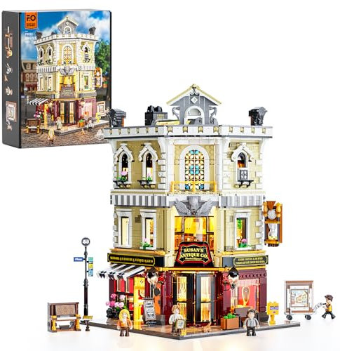 Funwhole Antiquitätengeschäft Beleuchtung Bausteinset - Stadtleben Eckladen LED-Licht Baukasten Modellset 2847 Stücke für Erwachsene und Jugendliche,F9033