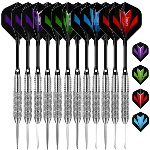 12 Stück Dartpfeile mit Metallspitze, Steeldarts 24 Gramm mit Schwarz Aluminum Schafts 20 Flights in 4 Designs für Dartscheibe