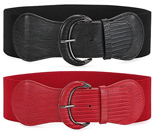 JasGood 2 Stück Damen Breiter Elastischer Taillengürtel Vintage Gürtel Hüftgürtel für Frauen Kleider,Schwarz/Rot,112cm(Für Taillenweite 106cm-120cm)