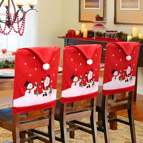 Snarflun Stuhlhussen Weihnachten 6er Set Weihnachtsstuhlhussen, Stuhlhussen Weihnachten Dekoration, Nikolausmütze Stuhlabdeckung, Weihnachtsdeko Set, Esszimmerstuhl