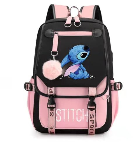 ADNOX Donne Ragazze Usb Borsa Da Scuola Di Grande Capacità Stitch Zaino Casual Rosa, multicolore, 47X30X16CM