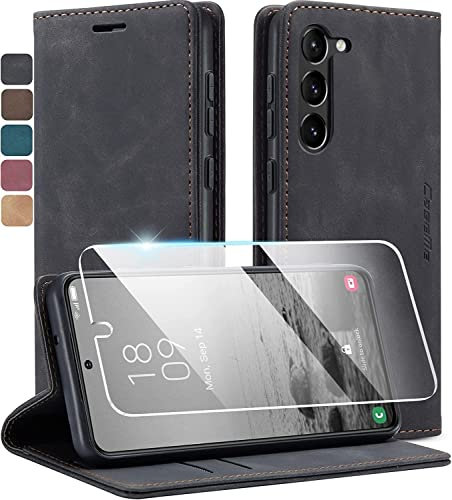 Premium Leder Flip Hülle für Samsung Galaxy S23 5G – [Inklusive kratzfestem Displayschutz] – 360° Rundum-Schutz mit Kartenfächern, Magnetverschluss & Standfunktion – S23 (Schwarz, Samsung S23)