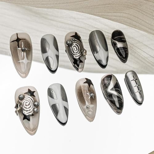 Sun&Beam Nails Handgefertigte Kunstnägel Mittel Lang Mandel Nägel zum Aufkleben in Silber Grau Schwarz Weiß Handgemalt Y2K Y2K Design mit Klebepads 10 Stück (#186 M)
