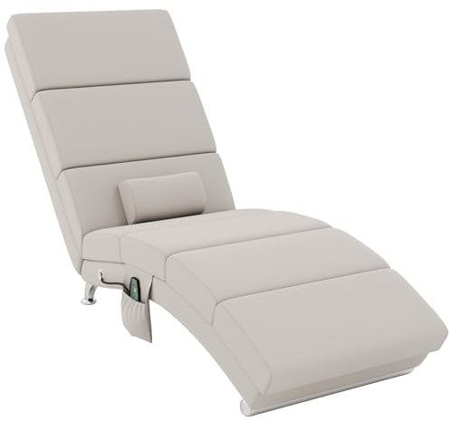 HOMCOM Fauteuil Relax Salon Fauteuil de Massage et Chauffage meridienne Chaise Longue d'intérieur, avec télécommande et Oreiller, Chambre à Coucher, Salon, Tissu Effet Lin crème
