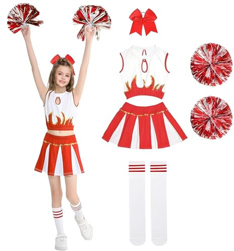 AOLIUP Karneval Cheerleader Kostüm Kinder: Cheerleading Outfit Mädchen - Cheer Uniform Kleid mit Pompons Socken und Kopfschmuck für Halloween Fasching Party Kostüme (160(11-12 Jahre))