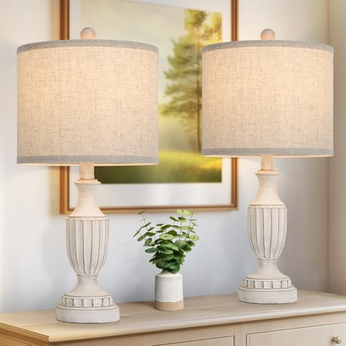 TOBUSA 55,9 cm Farmhouse Tischlampen 2er Set Weiß Rustikale Vintage Tischlampen für Wohnzimmer Schlafzimmer Antike Nachttischlampen mit Leinenschirm Traditionelle Harz Nachttischlampe Sets für
