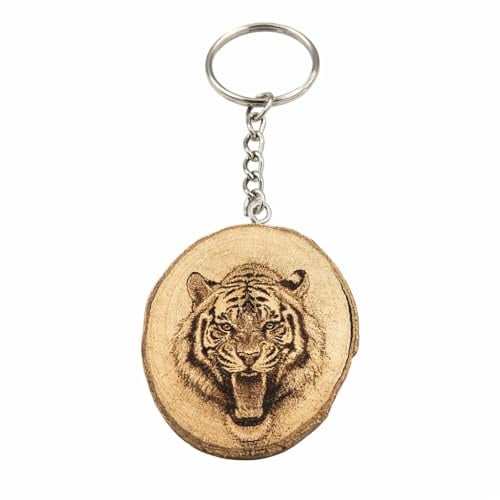 Promotech Brüllender Tiger Handgefertigter Lasergravierter Einzelstück Schlüsselanhänger aus Holz – Majestätisches Design für Tier- und Naturfans