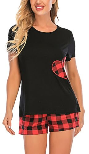 NLAND Pyjama Femme Coton Été 2 Pièces Ensembles de Pyjama Manches Courtes et Short à Carreaux Vêtements de Nuit Douce Confortable,Noirs M