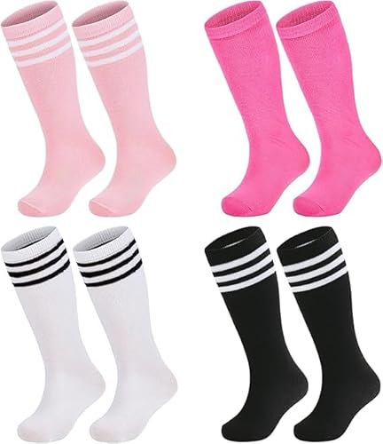 Zando Unisex Stutzen Kinder Fußball，4 Paar Fußball Socken Kinder, Fussballsocken Für Jungen Und Mädchen Alter 3-9 Jahre, Schwarz/Weiß/Rosa/Rose, 3-6 Jahre