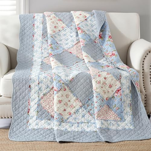 Qucover Tagesdecke für Einzelbett, gesteppt, weiche Baumwolle, Blumenmuster, Patchwork, Steppdecke, 127 x 152 cm, Blau
