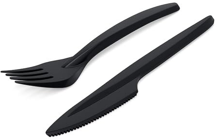 RAGO® 100-teiliges Mehrweg Besteckset I Wiederverwendbares Plastikbesteck aus Kunststoff – 50 Messer, 50 Gabeln I Schwarz, Spülmaschinenfest nach EN 12875-1, Stabil & BPA-frei