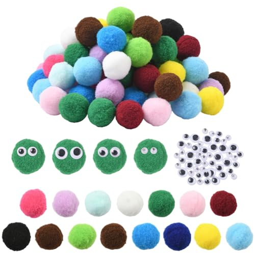 SUNNYCLUE 200 Stück 15 Farben Weihnachten 25mm 1 Zoll Pompons Verschiedene Pompons Grün Gelb Weiß Herbst Winter Große Weiche Runde Puff Pompons Mit Augen Für Halloween Thanksgiving Day Home Party Deko
