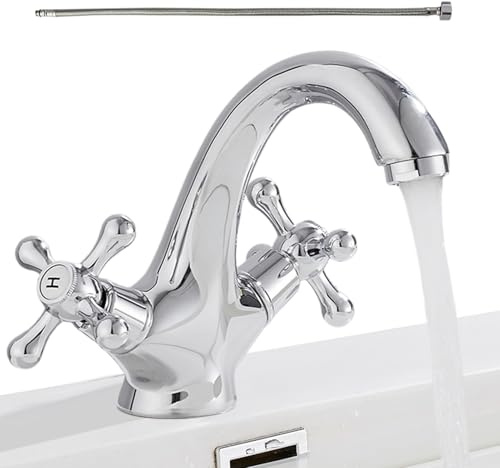 Robinet d'évier - Lavabo de salle de bain | Basin Tap | Robinet mélangeur à double manipulation à double manipulation ancien fabriqué en cuivre avec noyau de valve en céramique, convient pour les