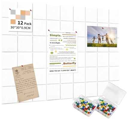AsmeSonic Große Filz Pinnwand Selbstklebend 120x90cm, 12 Stück Weiß | Filzboard Memotafeln mit 70 Pinnnadeln, Selbstklebend Bulletin Board für Büro Küche, Fotos Memos Wanddekoration, Weiß