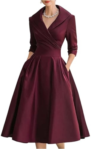 Damen Abendkleid Lang Elegant Kleid Damen Festlich Hochzeit Langarm Cocktailkleid Hochzeitsgast A Linie Ballkleid Schwingen V Ausschnitt Partykleid Festliche Kleider Maxi Plissee Etuikleid
