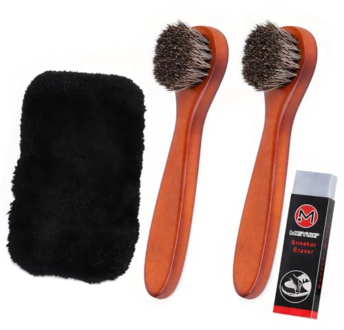 2 Pieza Cepillo Limpiador de Zapatos, Cepillos de Crin con Guante Pulidor de Felpa y Borrador, Cepillo Zapatos Marrón, Kit Limpieza Zapatillas para Limpiar y Pulir Zapato de Cuero