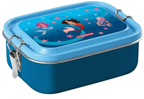 Step by Step Edelstahl-Lunchbox „Sweet Mermaid“ blau, mit herausnehmbarer Trennwand, Dichtung und Clip-Verschluss, BPA-frei, für Kindergarten und Schule, 0,8 Liter