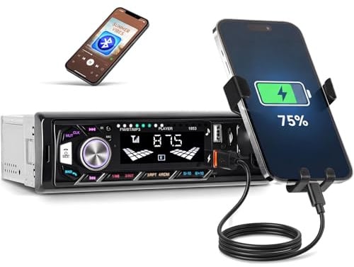 OiLiehu 1Din Autoradio Bluetooth Freisprecheinrichtung, 1Din Radio mit FM Radio, MP3 Player unterstützt AUX-Eingang/USB Wiedergabe/Aufladen/TF-Anschluss, mit Handyhalterung