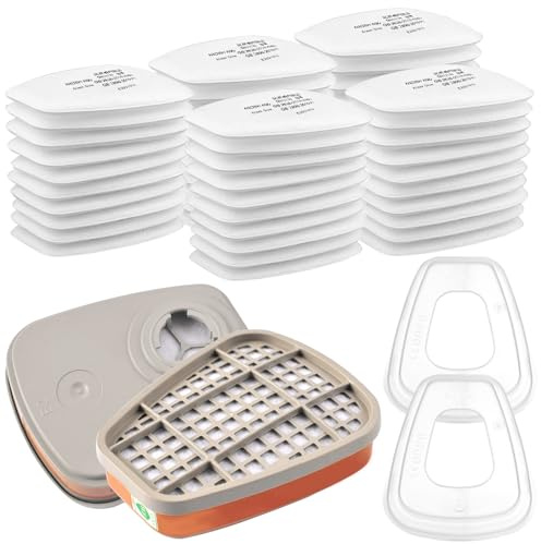 6001 Filtri per Respiratore Antipolvere, Set da 50 elemento Filtri 5N11 + 2 Cartucce + 2 Coperture, Antipolvere, Compatibile con 6100/6200/7501/7502, per Costruire, Verniciare