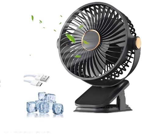 Doppelkopf Clip Ventilator, 360° drehbarer USB Klemmventilator mit 5 Geschwindigkeiten Leise, Akku Tischventilator Klein mit Nachtlicht, Ventilator zum Klemmen für Tisch/Kinderwagen/Büro (B - Schwarz)