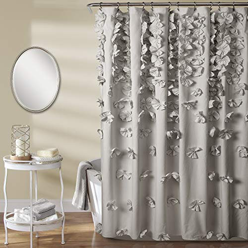 Lush Decor Riley Duschvorhang, 183 x 183 cm (B x L), Hellgrau – luxuriöser Duschvorhang mit Schleifen – schöne Textur – schönes und Elegantes Mädchen-Badezimmer-Accessoire – Romantisches