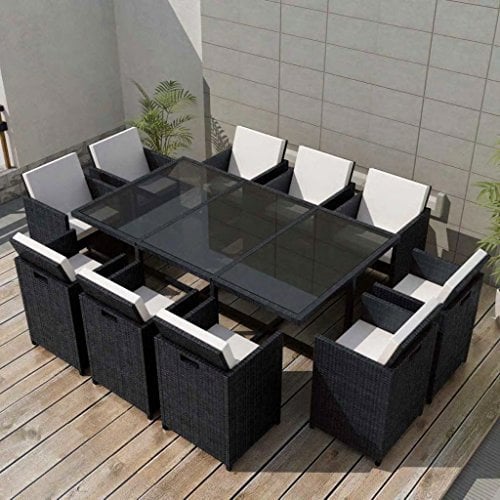 Tidyard 34-tlg. Garten Essgruppe Polyrattan Gartengarnitur Sitzgruppe Stahlrahmen Gartenmöbel aus 1 Tisch mit Glasplatte, 10 Stühle und 20 Kissen - Schwarz