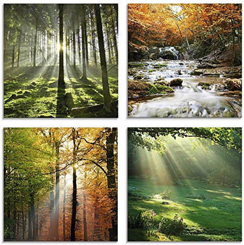 ARTland Wanddeko Glasbilder Wandbild Glas Bild 4er Set 4 teilig je Natur Landschaft Wald Baum Grün Gras Wasserfall Herbst Sonne S6MK