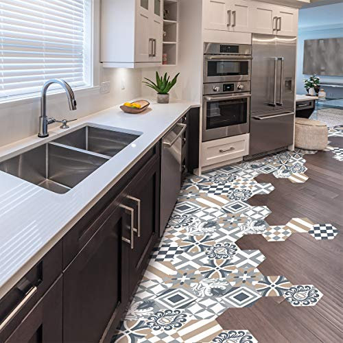 Ambiance Sticker Carreaux de Ciment pour Sol - Azulejos avec Laminat Protection en Plastique Anti-Dérapant | Stickers Adhésifs Carrelages Hexagones Suziana Résistant à l'eau - 10 Pièces de 20x18 cm