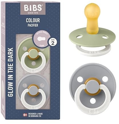 BIBS Colour Glow Schnuller 2er-Pack, BPA-frei. Leuchtet im Dunkeln, Kirschform Nippel. Naturkautschuk/Latex, Hergestellt in Dänemark. Größe 2 | 6+ Monate | 2-Pack, Sage NIGHT/Cloud NIGHT