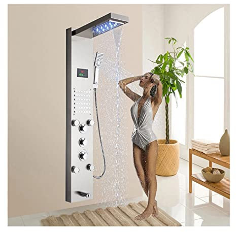 SXLSZ LED Panneau de Douche avec Affichage de La Température, en Acier Inoxydable 5 Fonctions Colonne de Douche Hydromassante Mural Système de Douche avec Cascade et Douche Effet Pluie,Brushed Nickel