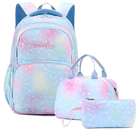 Tanou Mädchen 3PCS Herz Druck Schulrucksack Mädchen Set, Grundschule Kinder Büchertasche mit Mittagessen Tasche Bleistift Box, 3 in 1 Leichte Schultasche, Blau Liebe