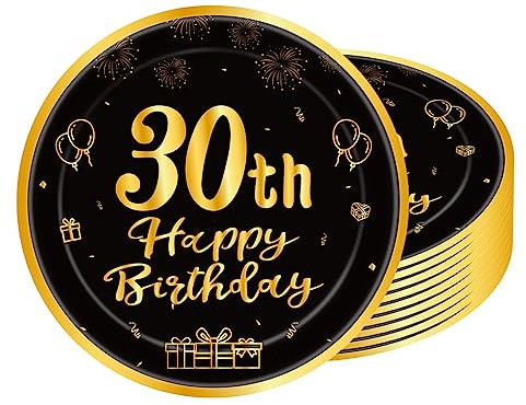 POPOYU 16pcs Black and Gold Paper Plates 30th, Happy Birthday Disposable Tableware Paper Plates 9 Inch,Happy 30th Birthday Decorations Plates.for Men,Women,Him,Her 30thBirthday Gifts Party Supplies