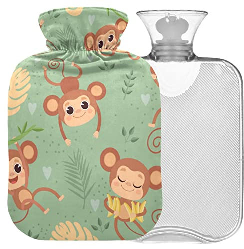 Naanle Palmblatt Affe Wärmflasche mit Bezug Transparente Warmwasserflasche 1L Wärmflasche für Bett Handfüße Wärmer Schmerzlinderung Wärme- und Kältetherapie