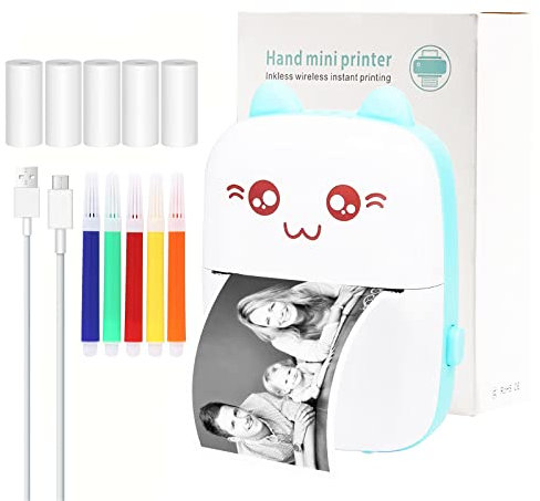 Mengtech Mini imprimante photo, imprimante thermique Bluetooth sans fil portable avec USB 5 rouleaux de papier thermique couleur stylo, compatible avec iOS Android, pour photo notes, bleu