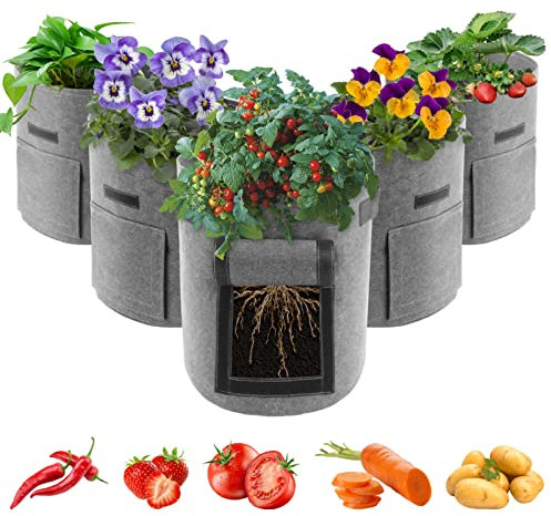 Lot de 5 sacs de culture de pommes de terre, sacs de culture de légumes avec rabat de fenêtre et poignées, sac de culture en feutre non tissé respirant pour tomates, pots de fleurs de jardin, plantes