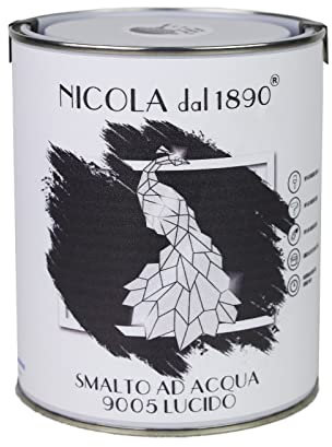 NICOLA VERNICI Smalto Acrilico a Base di Acqua, Per Interni ed Esterni, Made in Italy, Nero Puro Lucido - Formato 1 lt