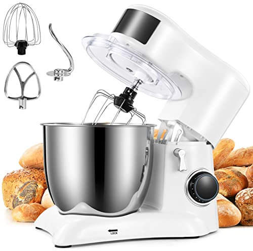 CCN Küchenmaschine Knetmaschine, 1300W Knetmaschine mit Knethaken, Teigmaschine 10 Stufen mit 5,5 Liter-Schüssel aus Edelstahl, Schneebesen, Rührbesen, Rührschüssel, Ganzmetall-Getriebesystem, Weiß