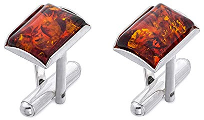 AMBEDORA Herren Silber Manschettenknöpfe Malediven mit Bernstein, Poliertes Sterling Silber, Rechteckiger Baltischer Bernstein, Geschenk-Set