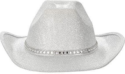 Qtinghua Weißer Cowboyhut für Frauen Flauschige Federbesatz Halloween Kostüm Cowgirl Hut für Cosplay Verkleidung Party Rollenspiel Geburtstagsfeier (Glitzer Cowboyhut Strass Weiß, Einheitsgröße)