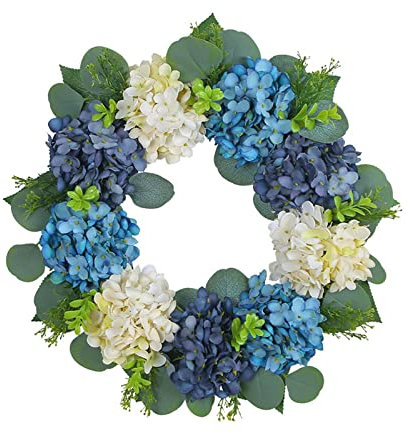 Fonowx Hydrangea Wreath Farmhouse Wreath Wall Decoration Blue White 16 inch Hanging Summer Wreaths Artificial Wreaths for Front Door Garden Party