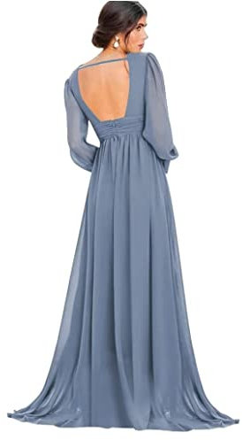 Long Sleeve Chiffon Bridesmaid Dresses for Wedding Formal Evening Party Gown with Slit Plus Size Dusty Blue UK28